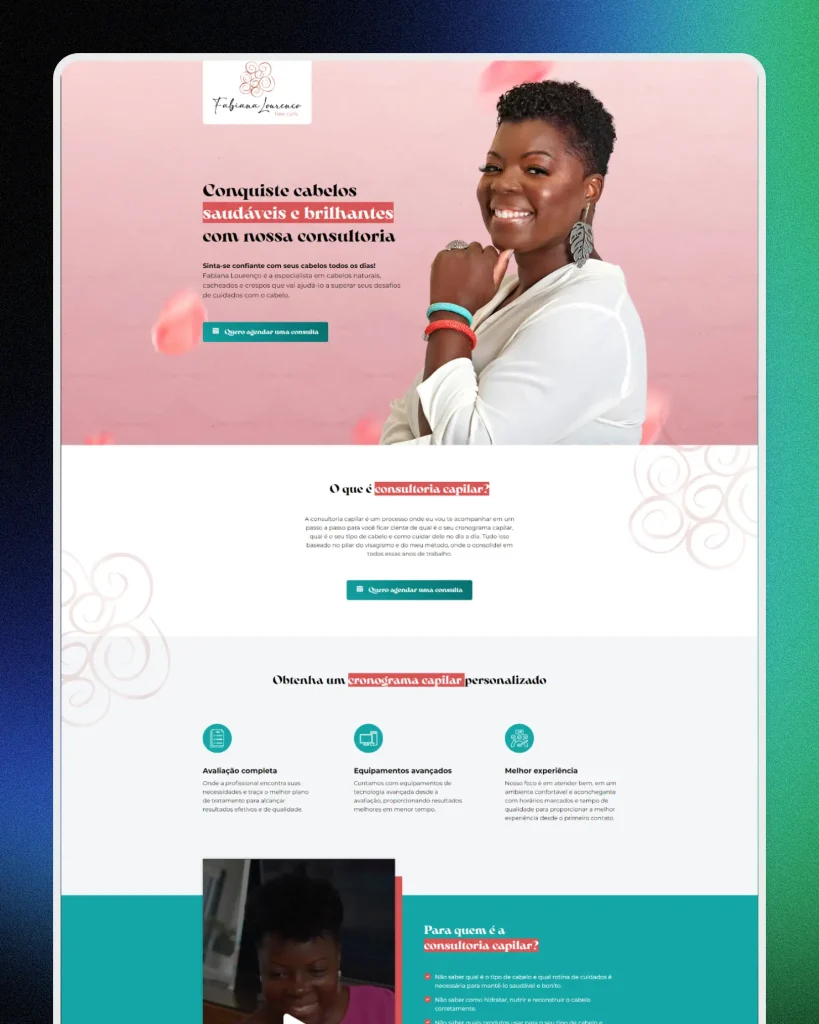 Landing page criada pela Zafiro para a consultoria capilar de Fabiana Lourenço