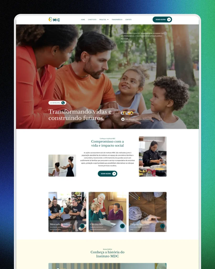 Site institucional criado pela Zafiro para o Instituto MDC, com área de doação