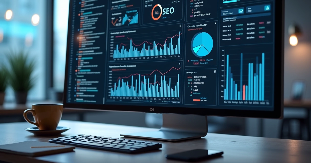 Tela de computador mostrando gráficos de SEO técnicos com códigos e métricas detalhadas