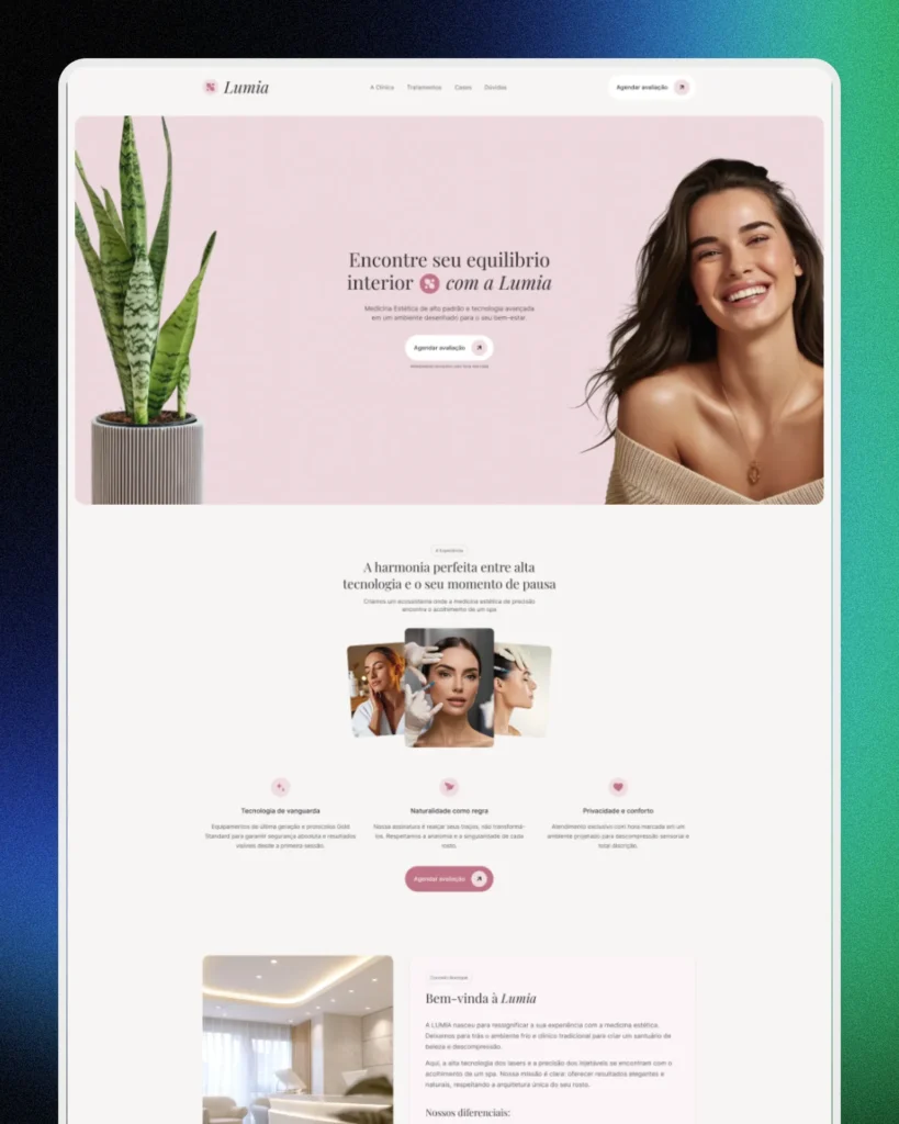 Site one page criado pela Zafiro para a clínica de estética Lumia