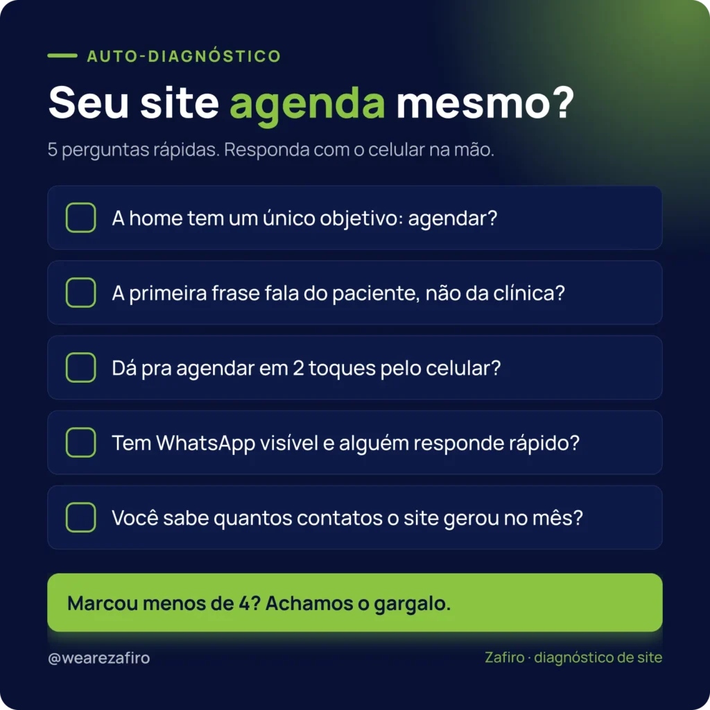 Por que o site da sua clínica não agenda (mesmo rodando tráfego) 3 Checklist de auto-diagnóstico com 5 perguntas para saber por que o site da clínica não agenda