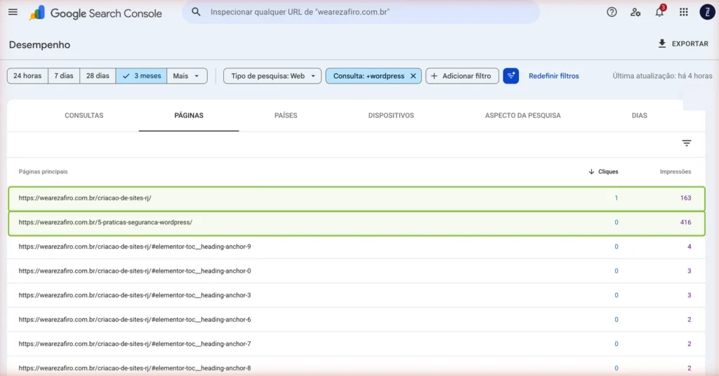 Canibalização de palavras-chave: o erro que faz seus artigos brigarem no Google 2 Relatório de desempenho do Google Search Console com filtro por consulta mostrando duas URLs do mesmo site com impressões para a mesma palavra-chave