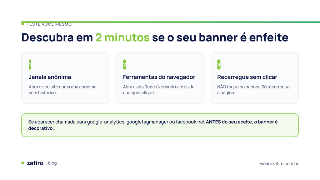 LGPD no site: o que precisa funcionar de verdade 1 Teste em três etapas para verificar se o banner de cookies bloqueia rastreadores antes do aceite
