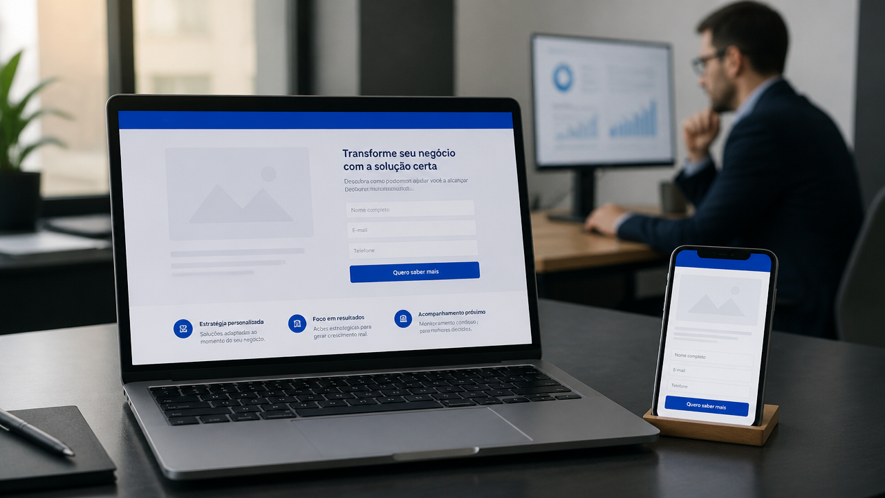 Notebook e celular exibindo uma Landing Page em ambiente profissional de escritório