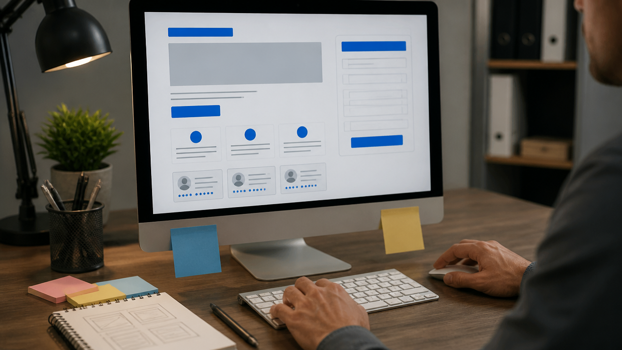 Landing Page: Como criar uma página que converte 1 Planejamento de layout de uma página de conversão em tela de computador