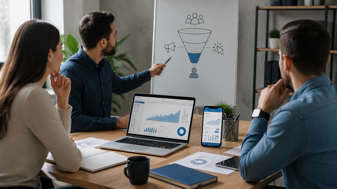 Equipe analisando campanhas de anúncios digitais para atrair clientes