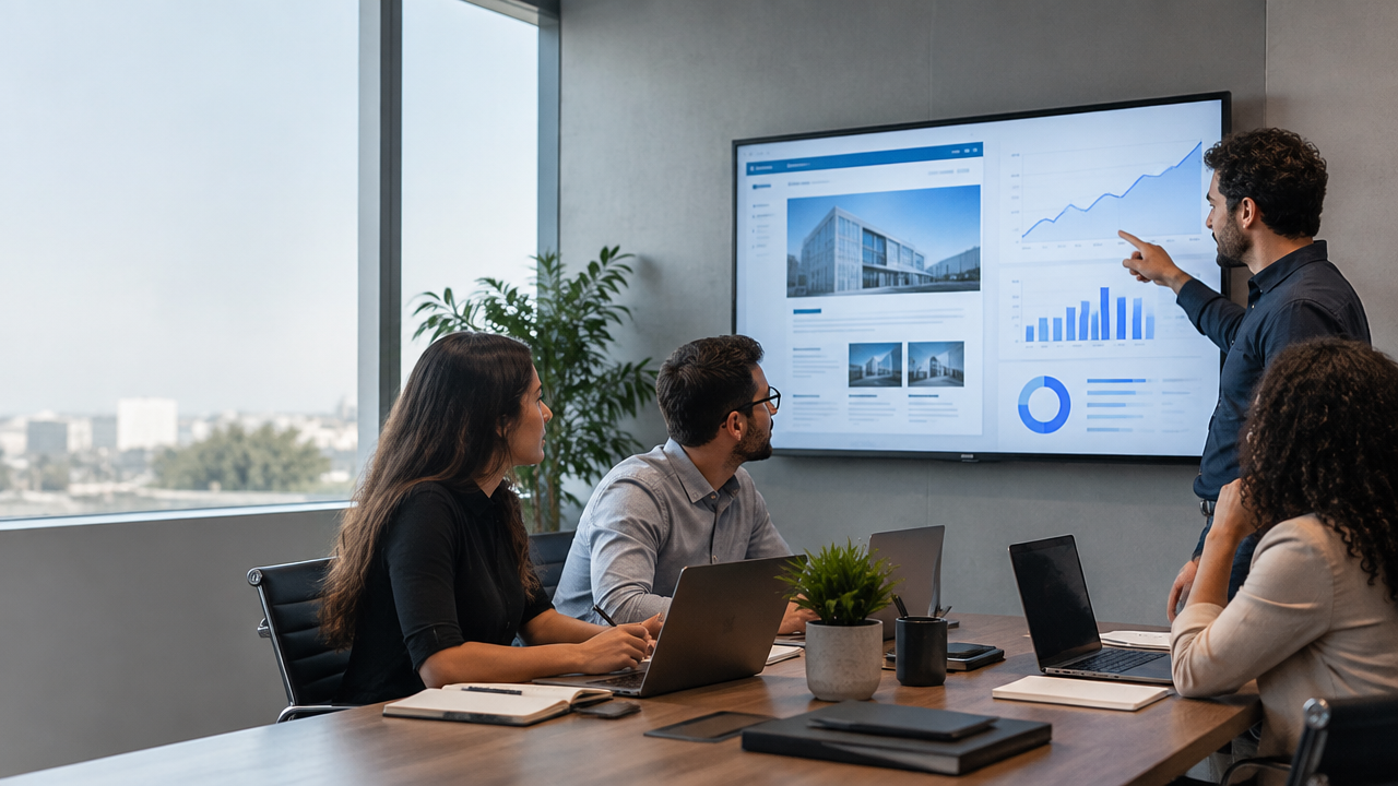 Equipe de uma agência de SEO analisando estratégia e desempenho digital