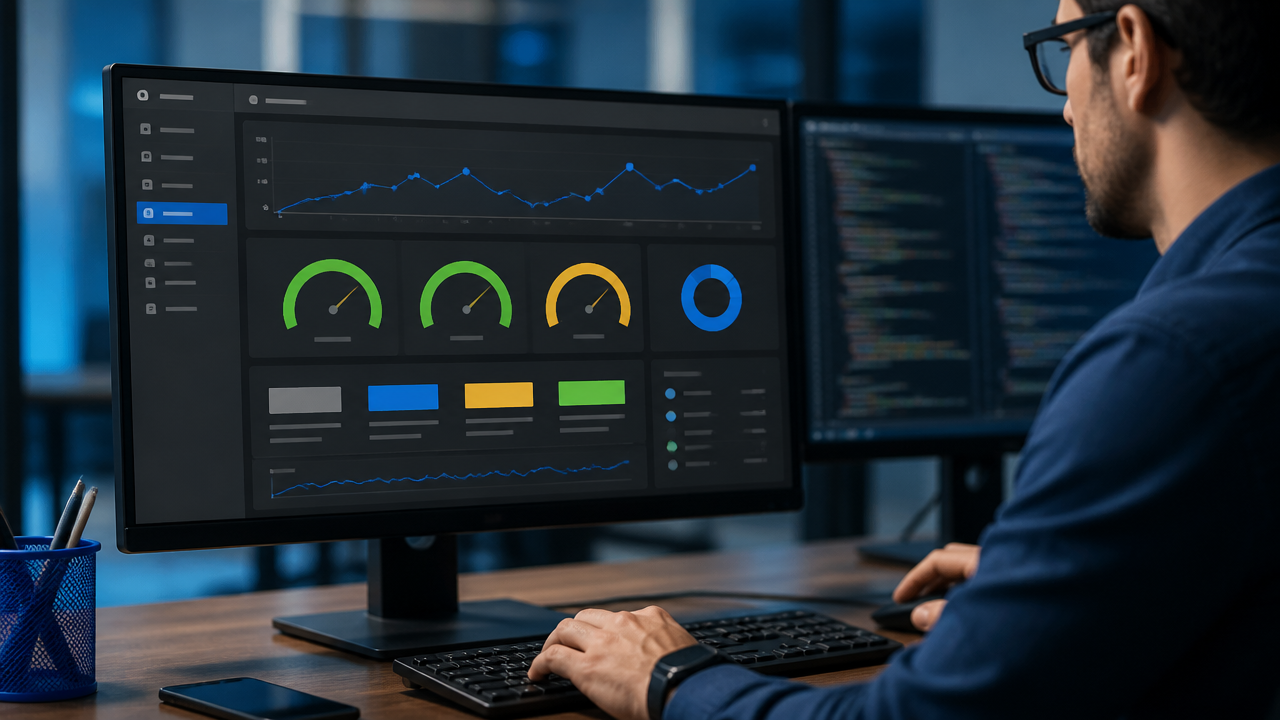 SEO técnico e análise de desempenho do site Profissional analisando gráficos em monitores durante uma revisão de SEO técnico