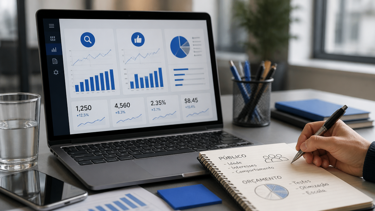 Tráfego pago: como atrair clientes com anúncios 1 Planejamento de tráfego pago com gráficos de campanhas e anotações de público e orçamento