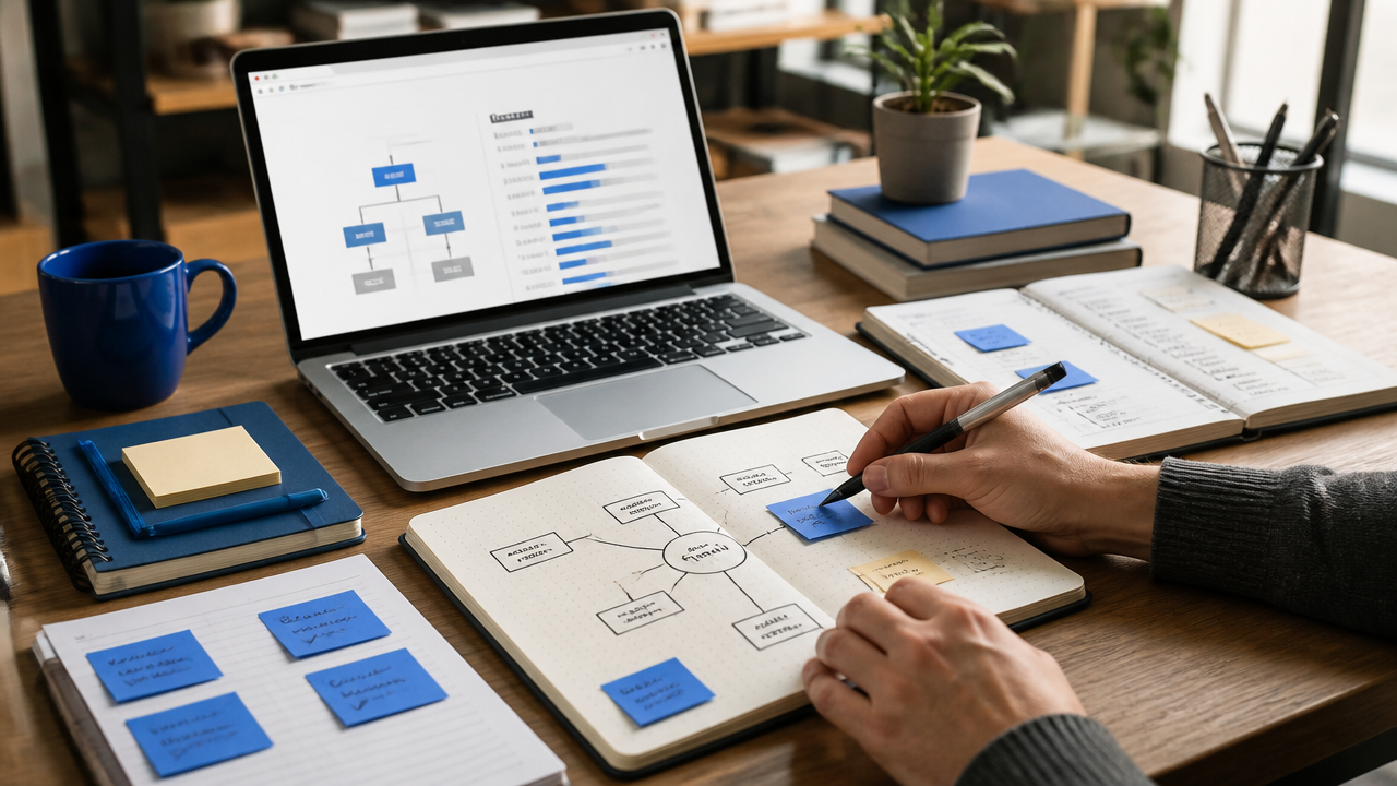 Planejamento de SEO e intenção de busca Planejamento de SEO com notebook, anotações e diagrama sobre uma mesa