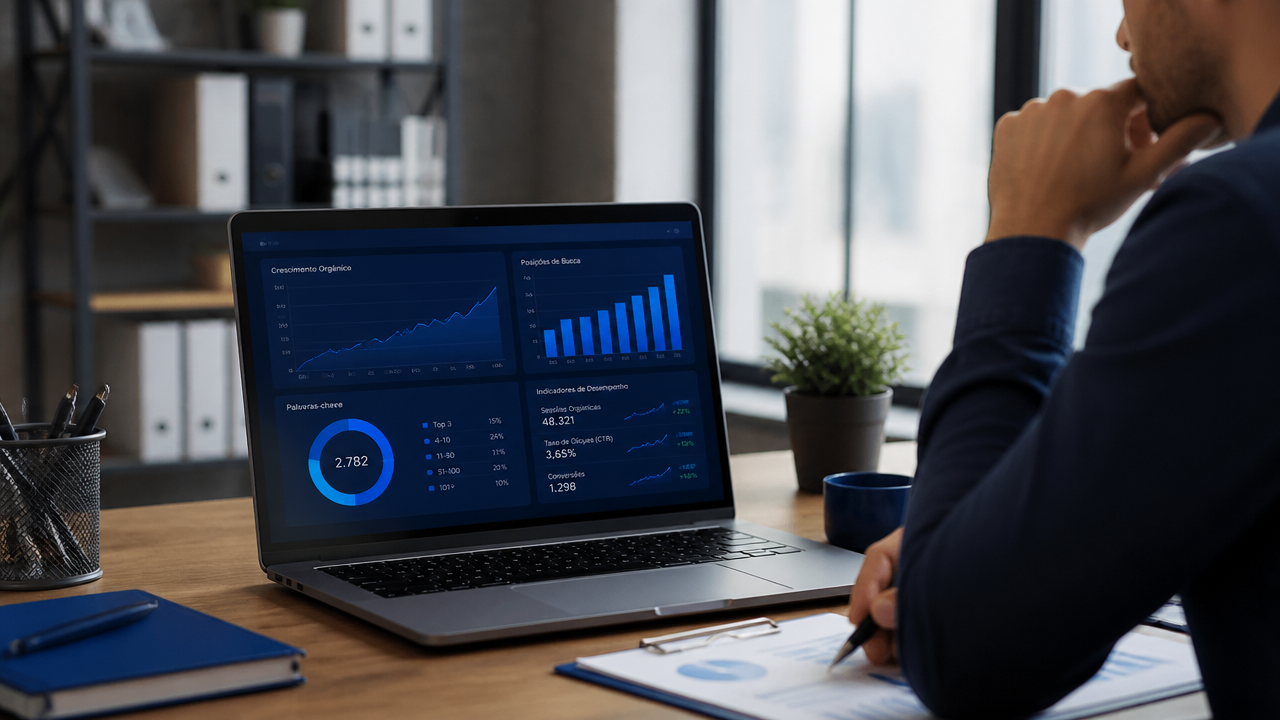 Profissional revisando indicadores de SEO em um notebook e fazendo anotações