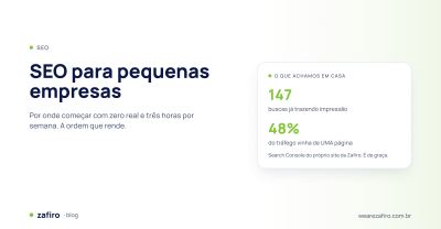 Capa sobre SEO para pequenas empresas com dados do Search Console da Zafiro: 147 buscas com impressões e 48% do tráfego vindo de uma página.