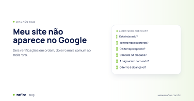 Meu site não aparece no Google: checklist com seis verificações de indexação, noindex, sitemap, robots.txt, conteúdo e palavra-chave.