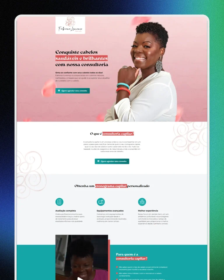 Landing page criada pela Zafiro para a consultoria capilar de Fabiana Lourenço