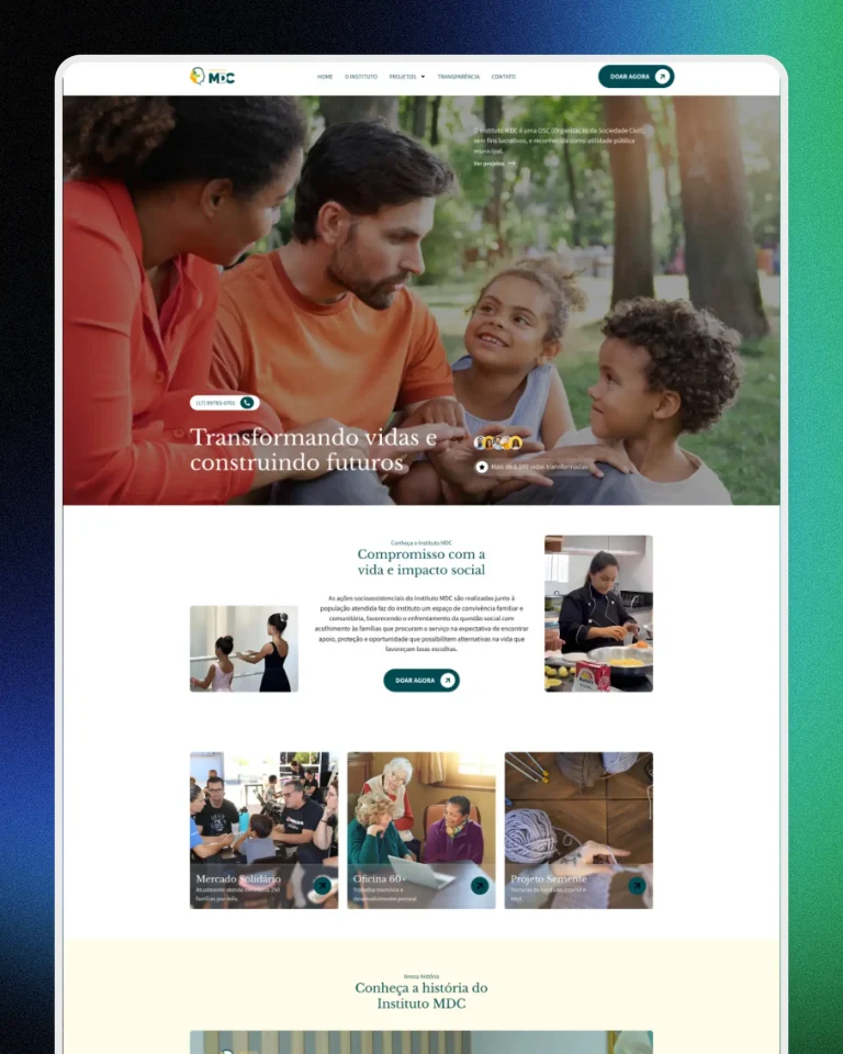 Site institucional criado pela Zafiro para o Instituto MDC, com área de doação