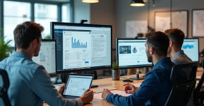 Equipe colaborando no processo de criação de sites profissionais, com foco em design, estratégia e desenvolvimento.