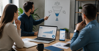 Equipe analisando campanhas de anúncios digitais para atrair clientes