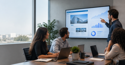 Equipe de uma agência de SEO analisando estratégia e desempenho digital