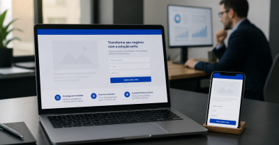 Notebook e celular exibindo uma Landing Page em ambiente profissional de escritório