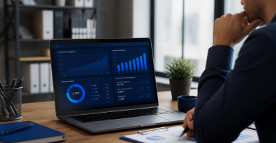 Profissional revisando indicadores de SEO em um notebook e fazendo anotações